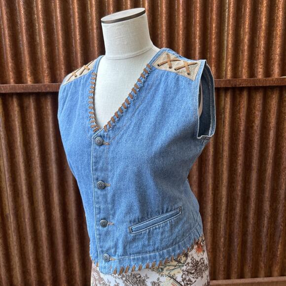 Sap Man Denim Vest Womens Size Medium Leather Trim Lace Detail Southwest Cowgirl - Picture 2 of 13